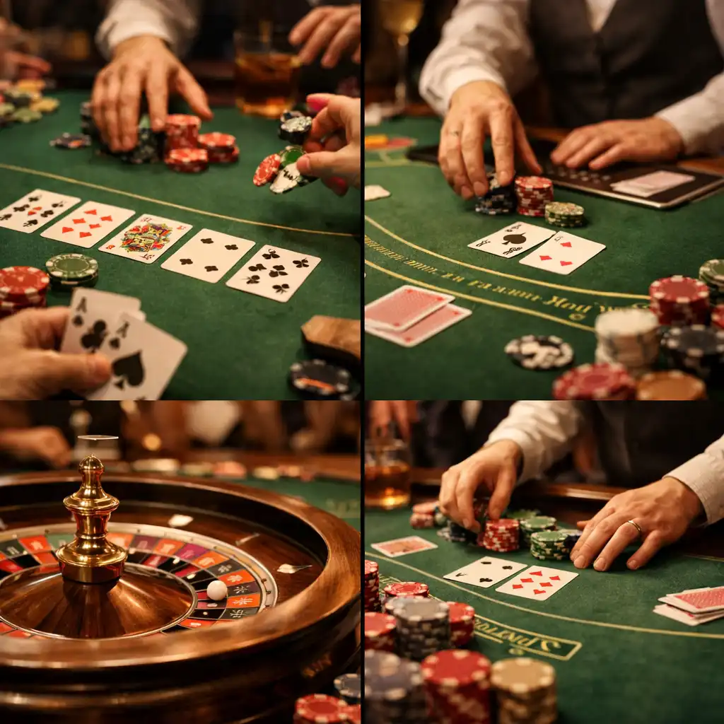 Stoły pokerowe i blackjack w trakcie gry